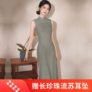 橄榄绿无袖旗袍女长款显瘦气质礼服新中式日常通勤连衣裙禅意风