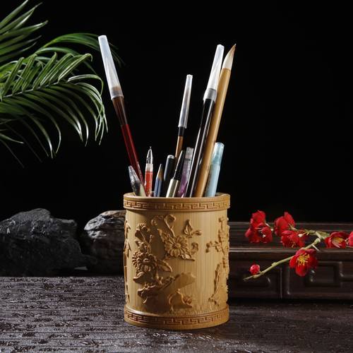 竹制浮雕圆形竹笔筒镂空雕刻公桌面摆件多功能型竹雕仿古毛笔桶