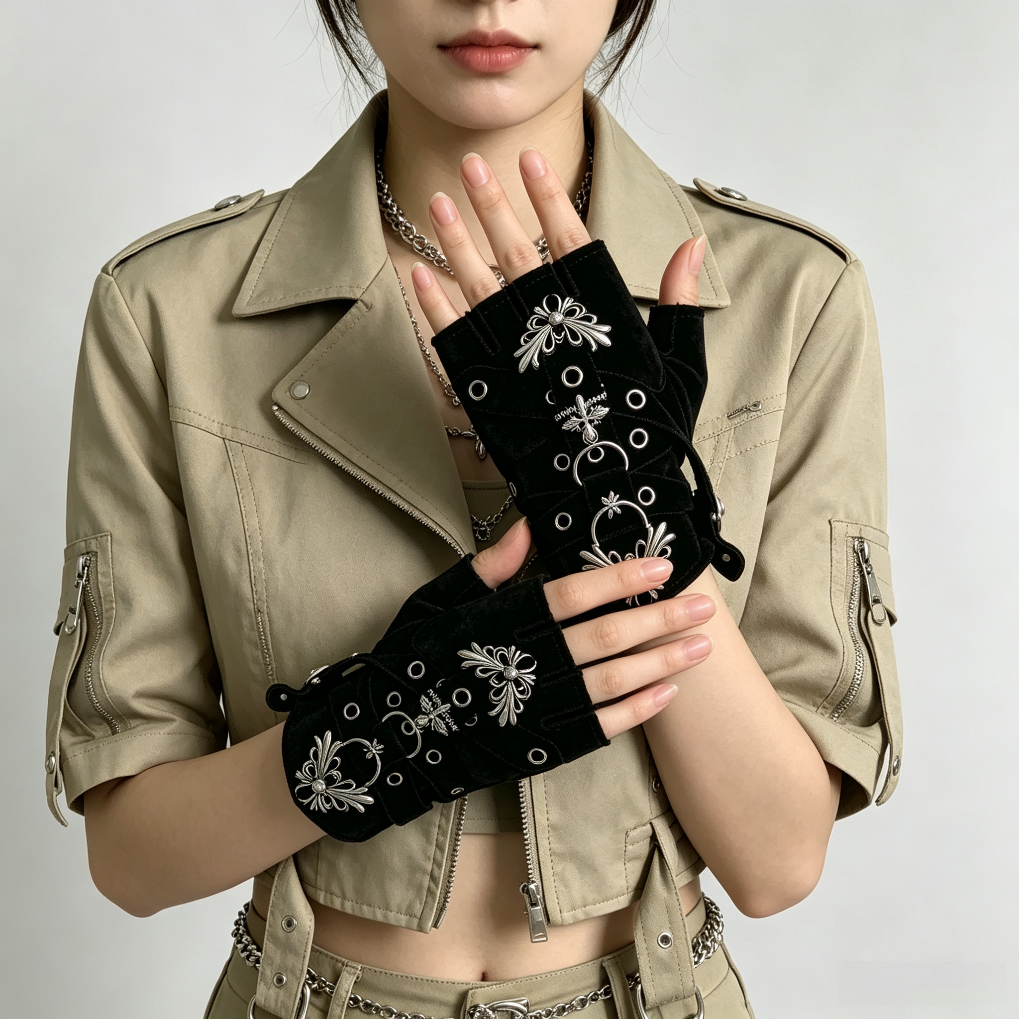 机甲暗黑朋克风万圣节哥特绑带半指皮手套辣妹机能露指军酷个性