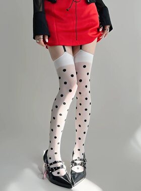 辣妹亚文化白色波点过膝吊带袜
