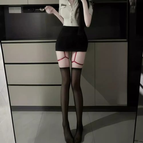 性感红边黑丝吊带一体丝袜