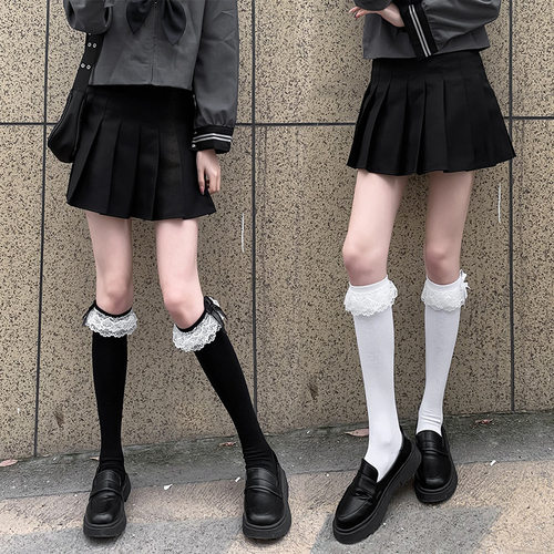 袜子女中筒袜蝴蝶结白色丝袜蕾丝花边小腿袜日系可爱jk春夏薄款黑