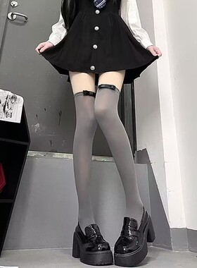 薄款烟灰色蝴蝶结过膝袜韩国蝴蝶结黑色jk大腿袜日系白色长筒袜女