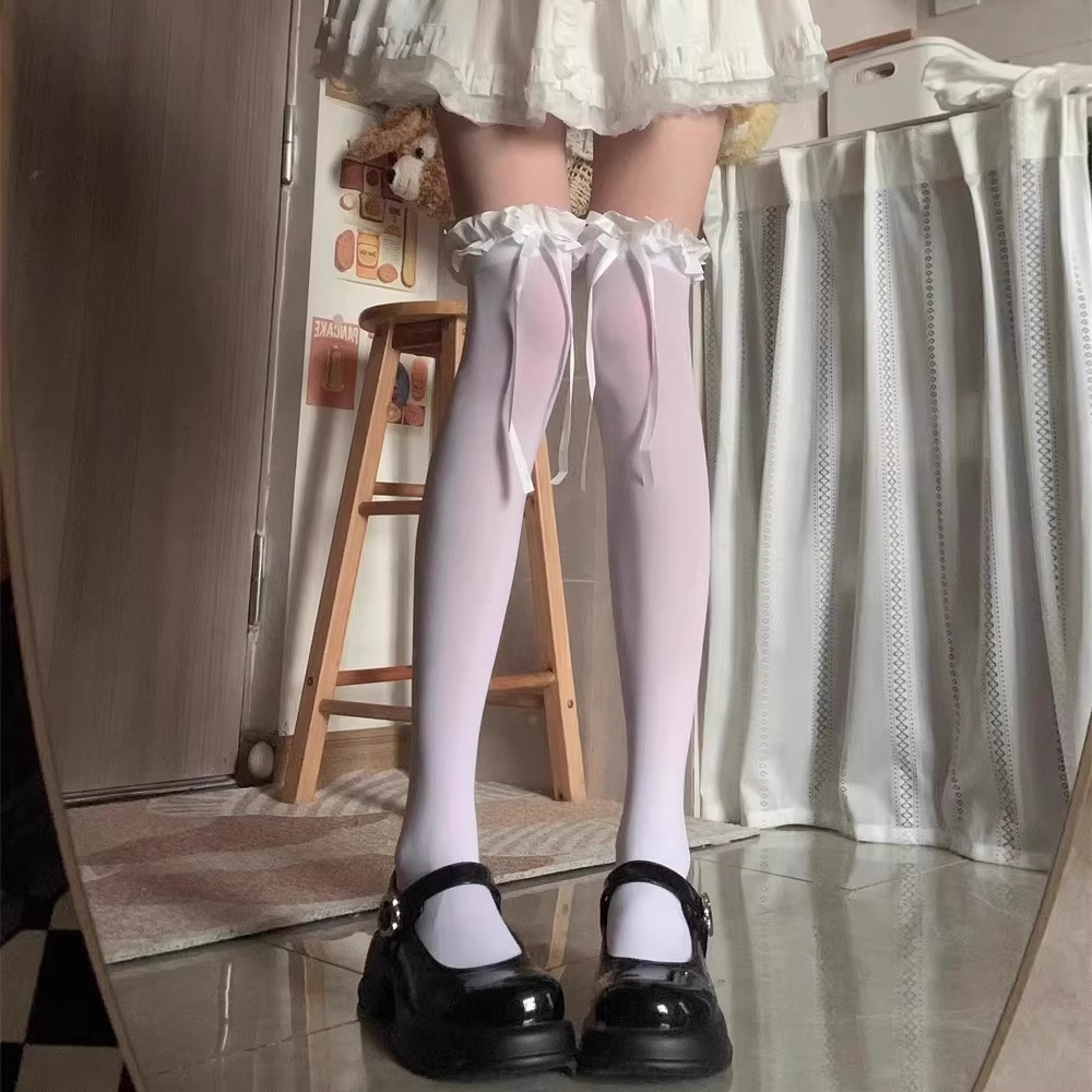 洛丽塔花边黑色lolita夏天薄款黑丝袜过膝袜蝴蝶结长筒大腿JK袜子