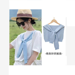 韩版纯色针织披肩外搭女叠穿坎肩配T恤衬衫新品空调房防直吹护颈