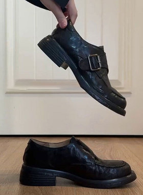 真皮~通勤厚底乐福鞋女粗跟一脚蹬高跟单鞋复古圆头英伦风小皮鞋