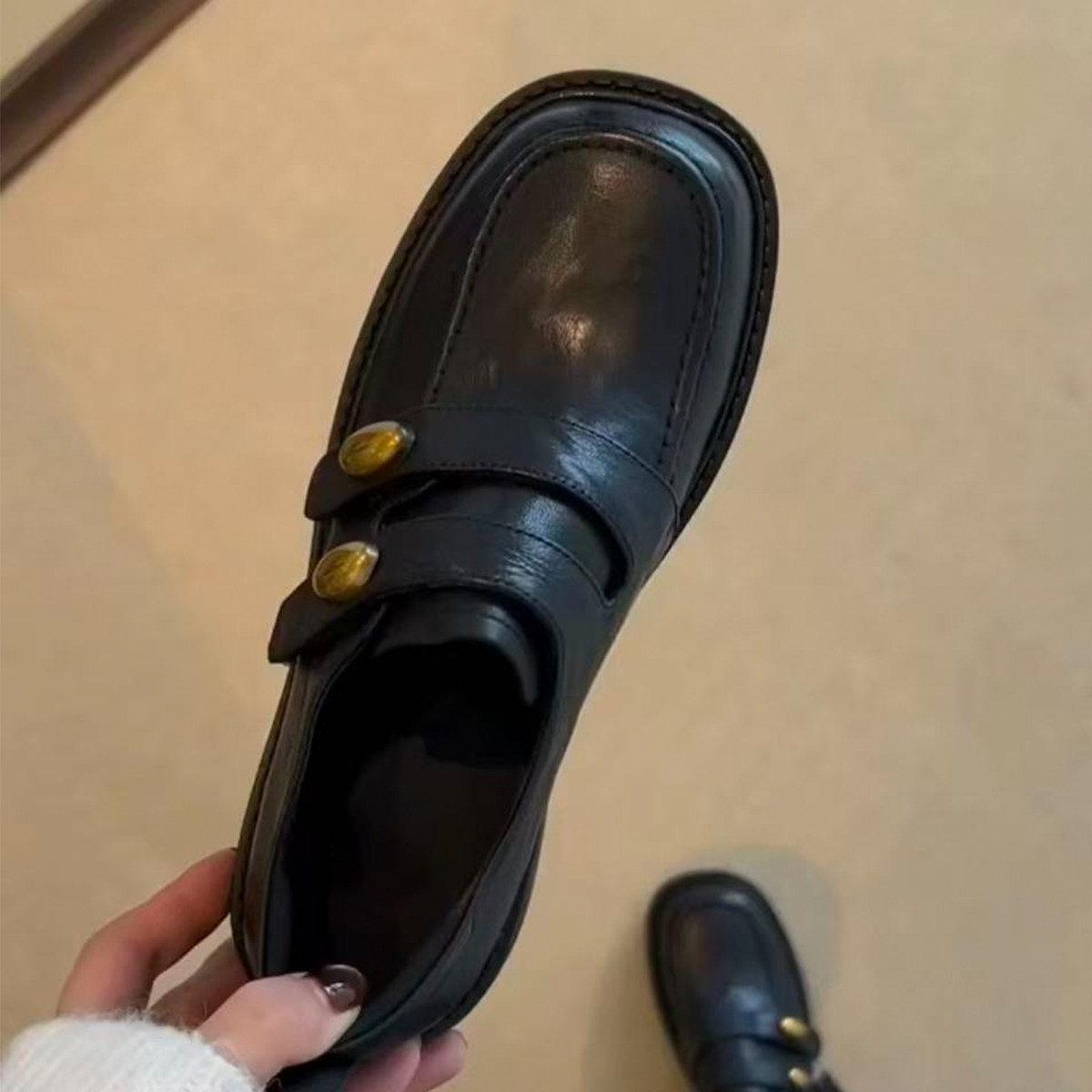 真皮2026年新款学院风粗跟方头金扣乐福鞋女英伦小皮鞋深口单鞋,女鞋,乐福鞋（豆豆鞋）,淘宝优惠券,粉丝福利购,淘宝优惠卷