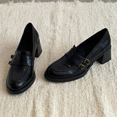 8CM粗跟增高跟单鞋 女2026春秋季 新款 羊皮英伦风小皮鞋 真皮乐福鞋