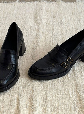 羊皮英伦风小皮鞋8CM粗跟增高跟单鞋女2026春秋季新款真皮乐福鞋