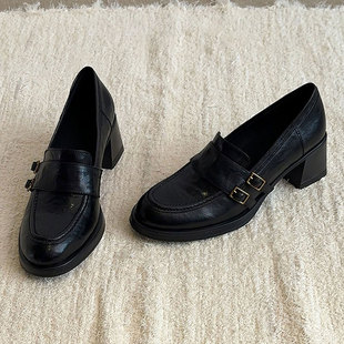 羊皮英伦风小皮鞋8CM粗跟增高跟单鞋女2026春秋季新款真皮乐福鞋