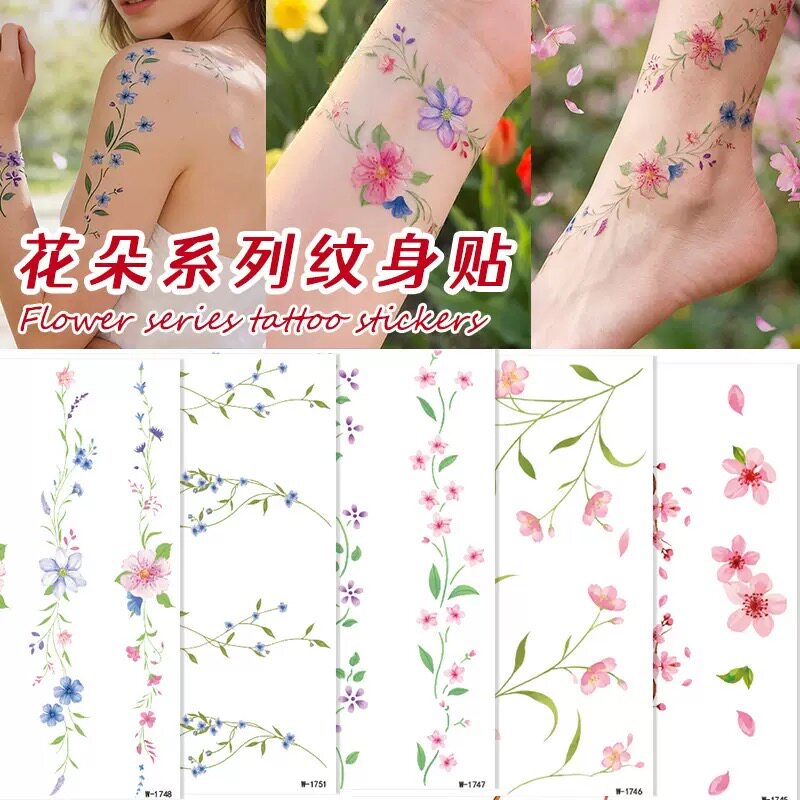 多巴胺花朵彩色纹身贴防水唯美持久ins手臂粉色少女花环仿真刺青