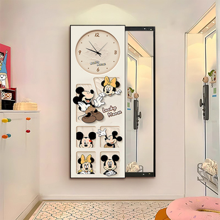 带时钟挂钟表镜子试衣镜壁挂穿衣镜 米奇奶油隐形全身镜推拉隐藏式