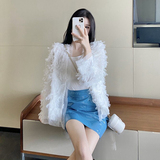 UI春季新品超美仙女气质款百搭舒适流苏菲边纱网蕾丝长袖外套开衫