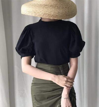 法式复古设计感  宫廷风花苞袖短袖女初春百搭短款小立领套头T恤