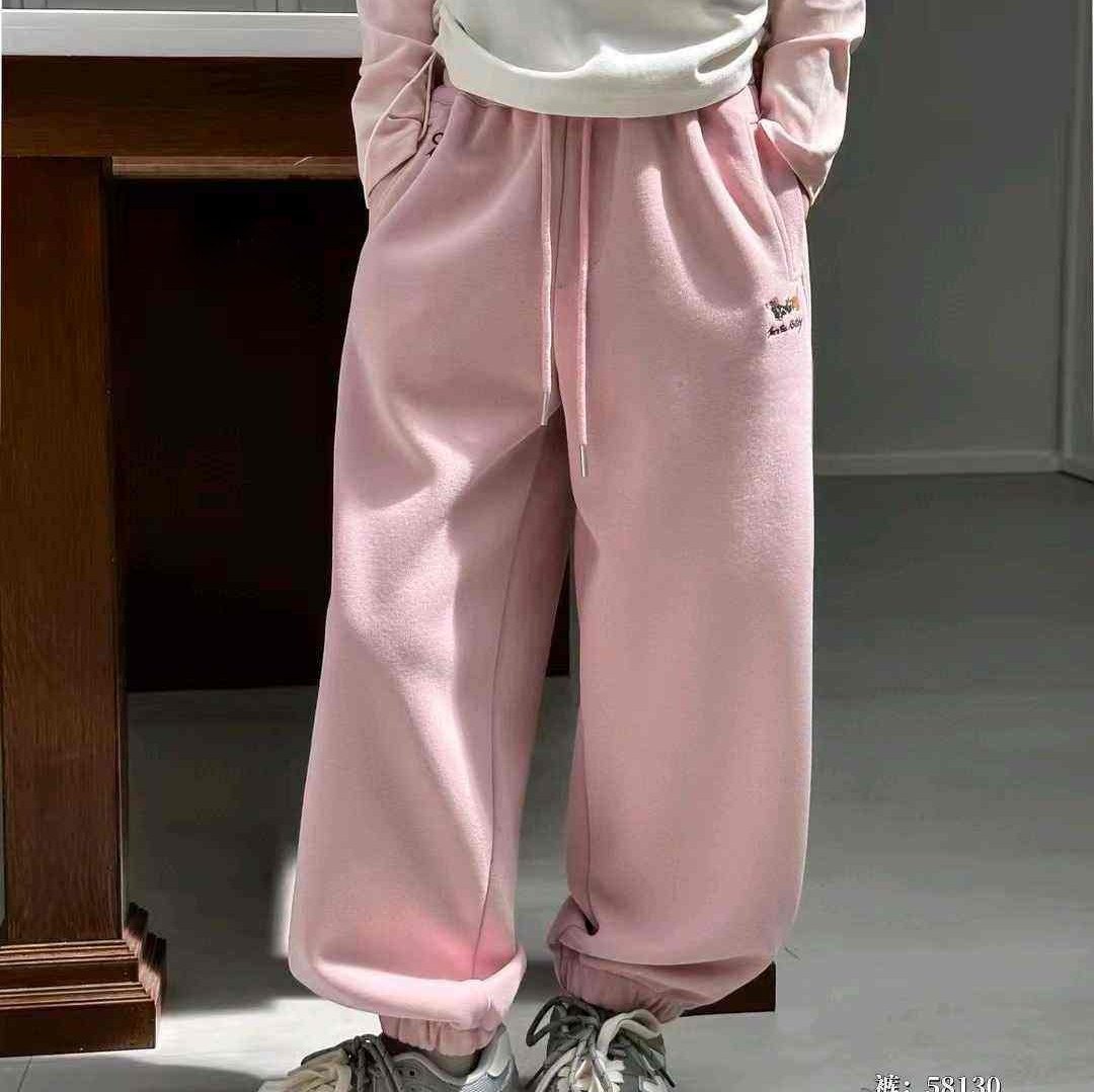 波拉韩国童装2025女童休闲百搭束脚裤洋气小狗刺绣运动风加绒卫裤