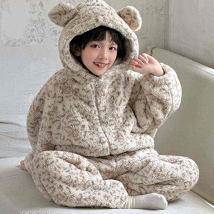 波拉韩国童装2025秋冬男童保暖睡衣套装可爱风女童斑纹休闲家居服