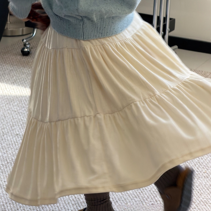 波拉韩国童装2025秋冬女童百搭半身裙长裙极简风纯色洋气丝绒裙