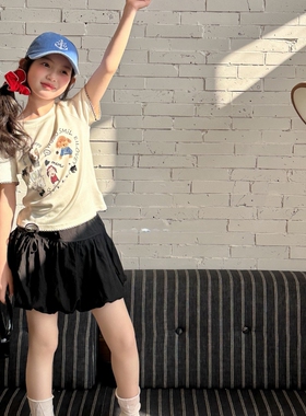 波拉韩国童装2026夏季女童波浪边卡通短袖+蝴蝶结花苞裙甜酷套装