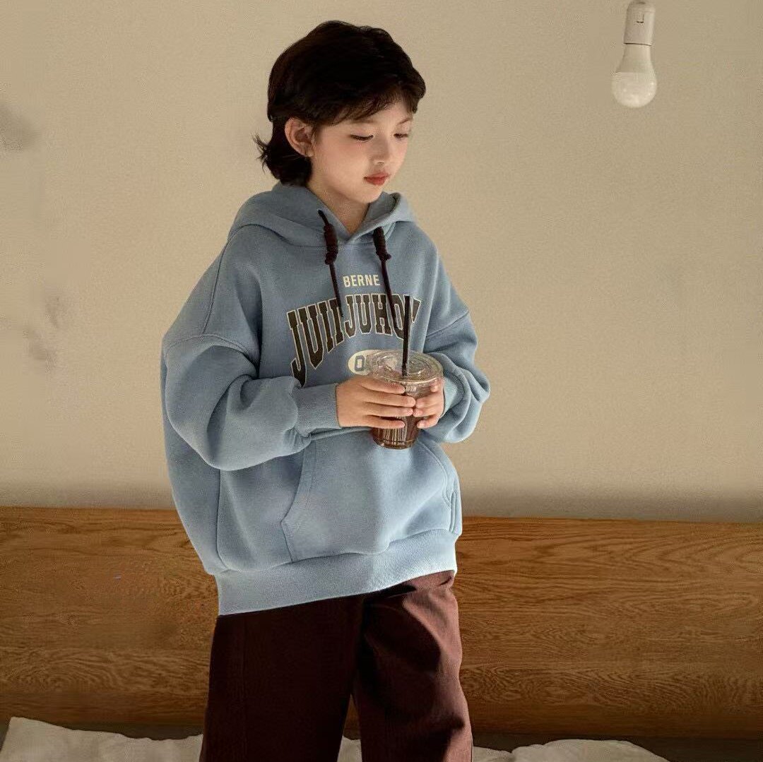 波拉韩国童装2025冬男童慵懒风抽绳帽衫女童潮牌字母口袋绒衫卫衣,童装/婴儿装/亲子装,卫衣/绒衫,淘宝优惠券,粉丝福利购,淘宝优惠卷