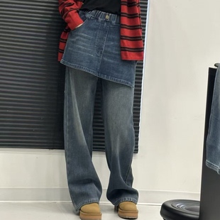 波拉韩国童装2025秋冬女童百搭窄版直筒裤炸街假二件包裙牛仔裤