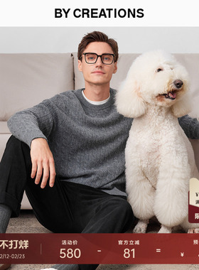 柏品纯羊毛圆领毛衣男士宽松百搭商务休闲绞花肌理通勤针织衫上衣