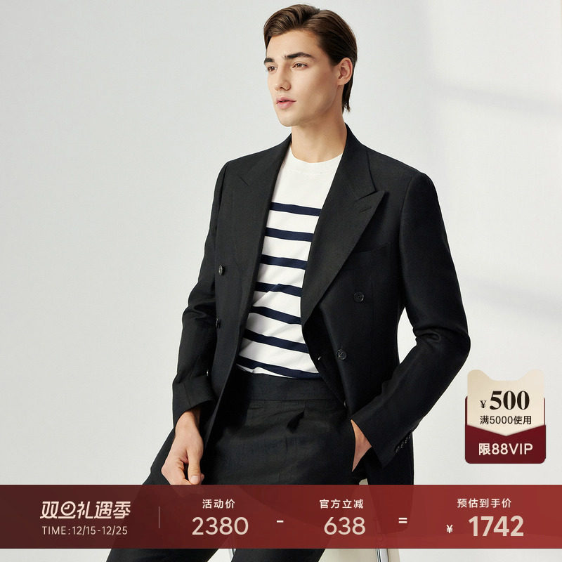 柏品纯亚麻戗驳领双排扣商务西服套装男薄款透气凉爽正装职业西装