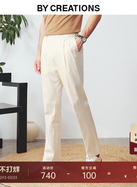 双褶巴黎扣那不勒斯商务棉西裤男修身微弹米白正装职业上班西便裤