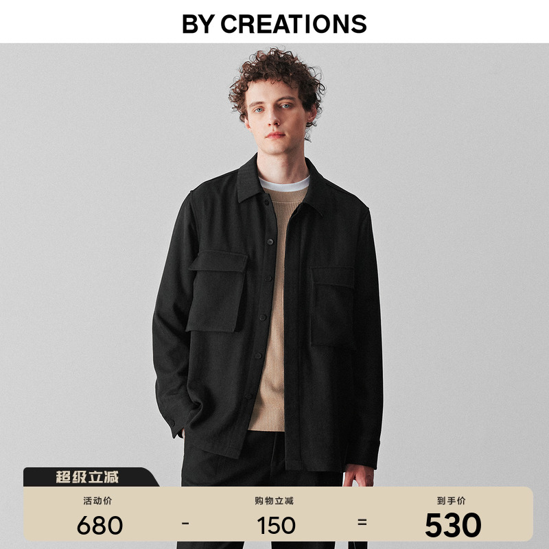 【进口面料】柏品人字纹衬衫夹克男2025冬新翻领复古工装长袖衬衫