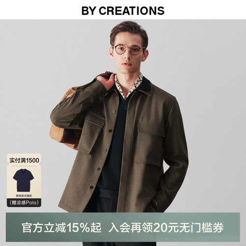 柏品千鸟格衬衫外套男士立体口袋休闲风翻领长袖工装衬衫商务衬衣
