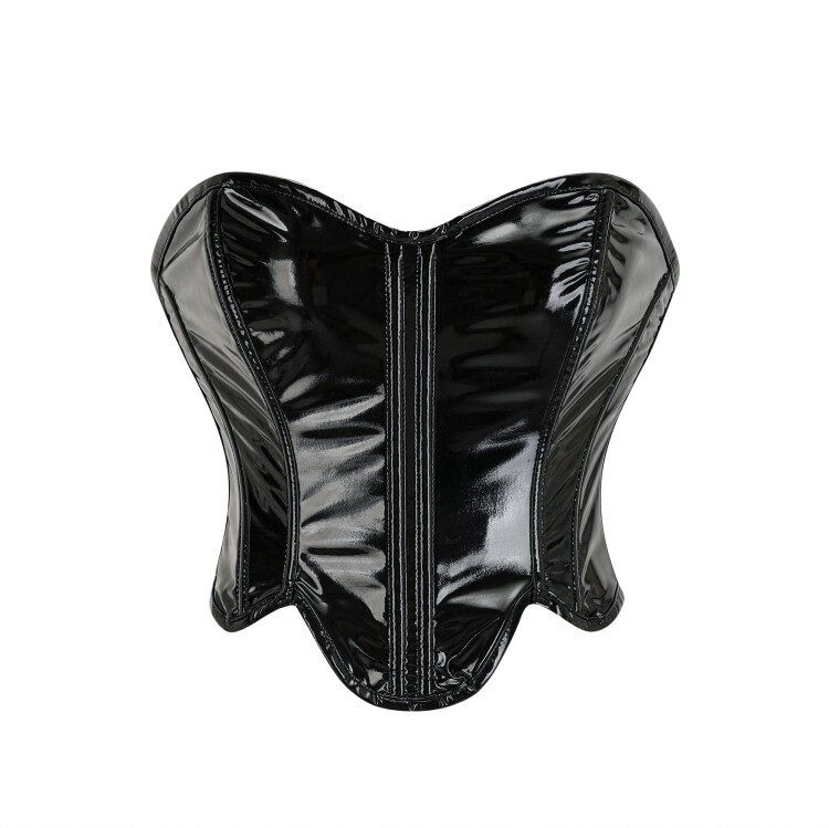 后拉链女裹胸束身衣黑色皮胸衣亮面马甲外穿紧身衣网红夜店corset