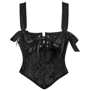 加宽肩带塑身胸衣 黑色礼服宴会紧身衣提花束腰复古马甲拉链腰封