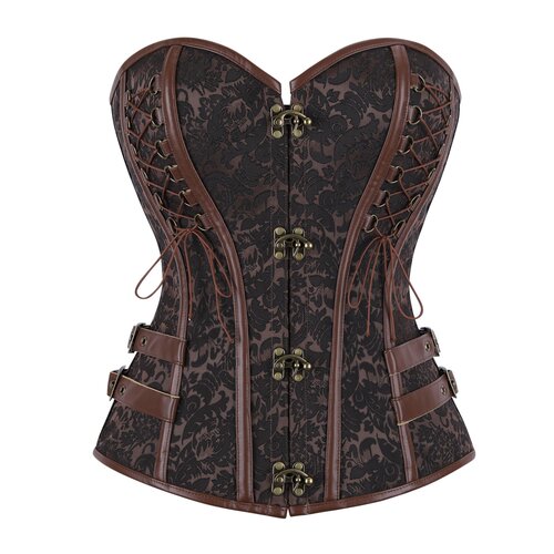 束身衣棕褐提花仿皮拼接海盗束腰