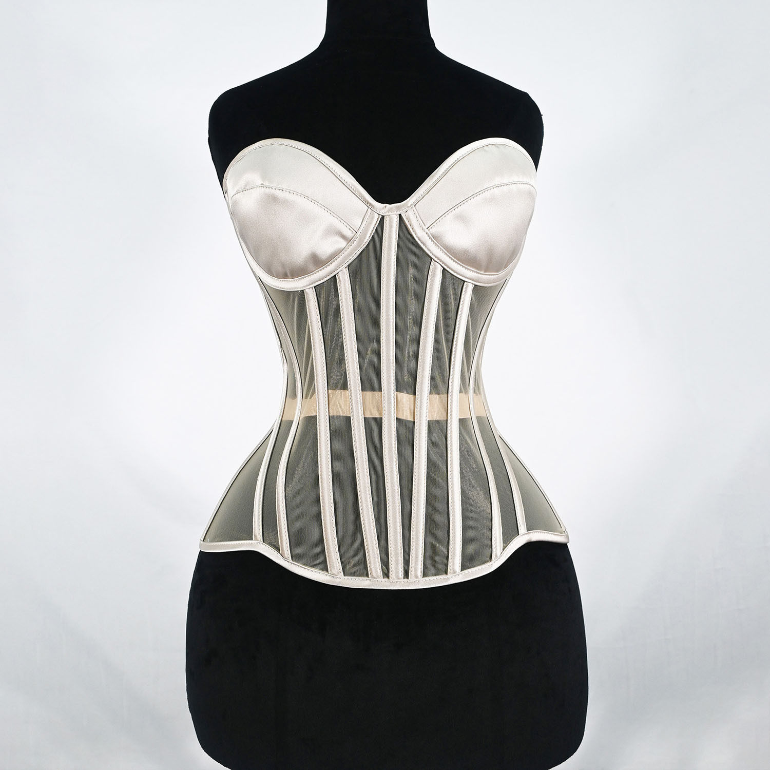 高级感缎面拼接网纱塑身衣性感大V美体胸衣宫廷复古内衣外穿腰封