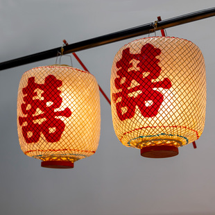 摄影道具竹编中式古风灯笼油纸仿古结婚喜字灯笼装饰定制纸灯笼