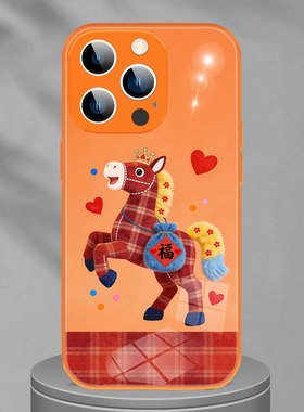 适用iphone17Pro手机壳苹果14保护套x复古红色格子小马新年招财马上有福华为nova15ultra荣耀500一加ACE6小米