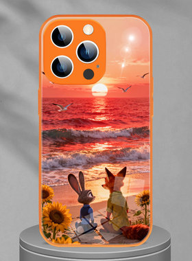 适用iphone17Pro手机壳苹果16保护套15疯狂动物城朱迪尼克海边看日落情侣橙色VIVOY500华为mate70Air一加ACE6