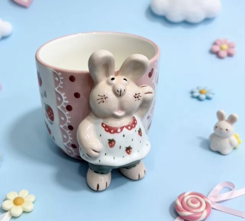 CCCat 景德镇陶瓷釉下彩兔子把柄手握杯