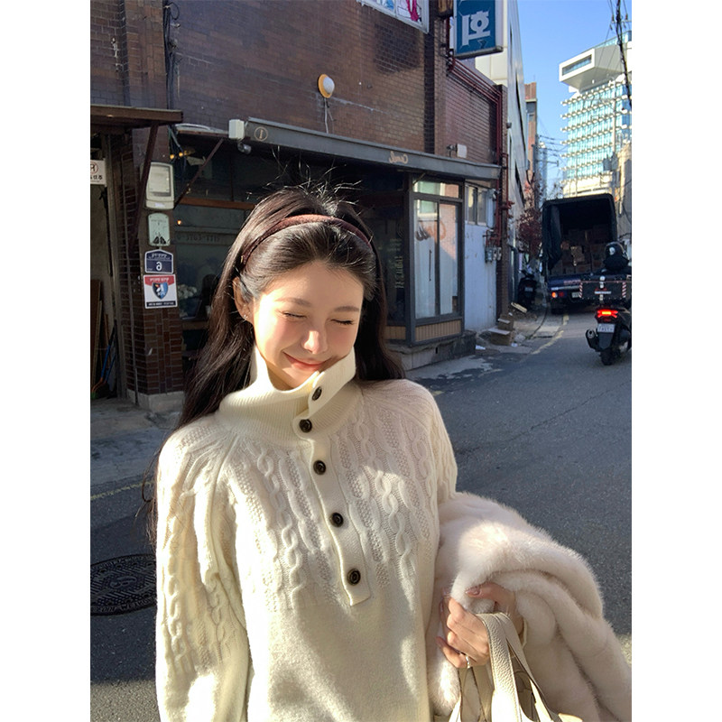 VASSE美蟹 老钱风宽松立领绵羊毛毛衣女秋保暖慵懒经典针织上衣