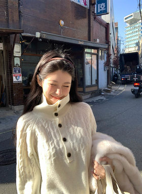 VASSE美蟹 老钱风宽松立领绵羊毛毛衣女秋保暖慵懒经典针织上衣