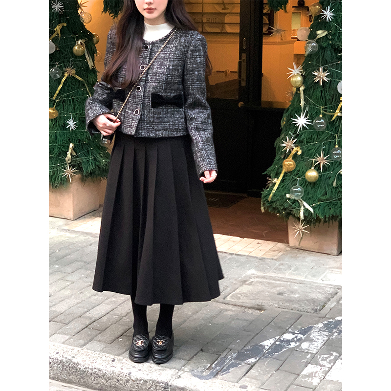 黑色加厚毛呢高腰百褶裙