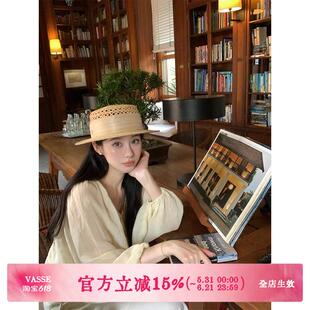 VASSE美蟹 天丝苎麻大V领防晒露背灯笼袖衬衫女慵懒宽松绑带上衣