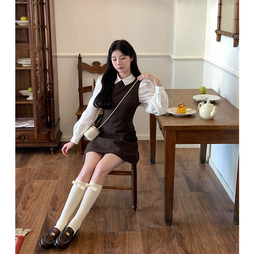复古少女衬衫背心连衣裙两件套