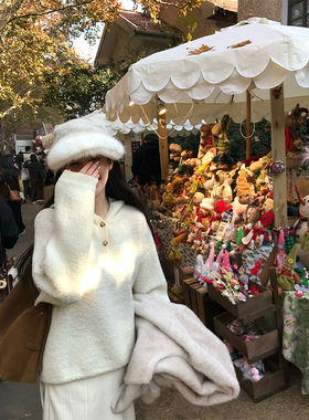 VASSE美蟹 韩系减龄全羊毛圈圈毛连帽毛衣女秋宽松百搭休闲上衣