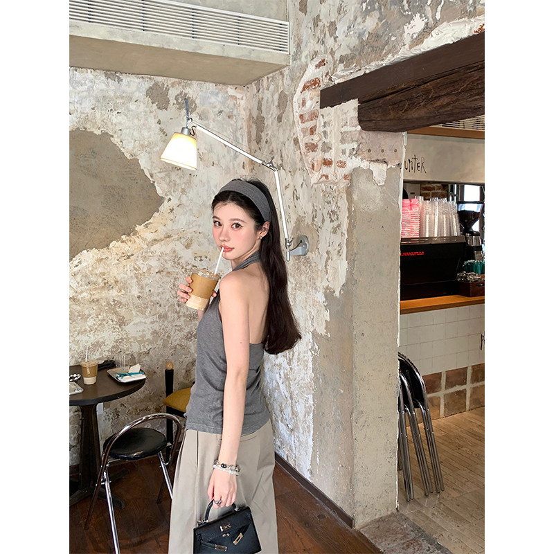 VASSE美蟹 时髦气质V领棉露背挂脖修身背心女夏遮肉弹力松弛上衣图片