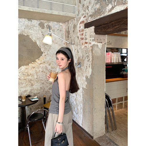 VASSE美蟹 时髦气质V领棉露背挂脖修身背心女夏遮肉弹力松弛上衣