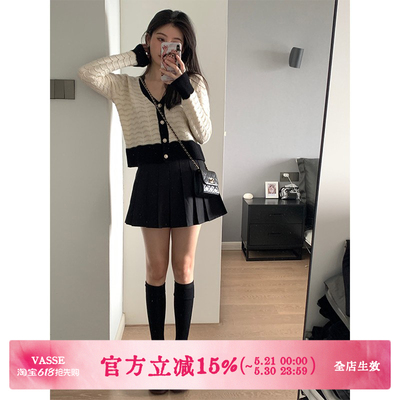 vasse黑色百褶新款遮胯半身裙子