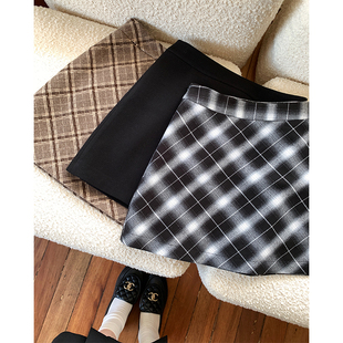 VASSE美蟹秋冬复古百搭格纹半身裙女2022新款 a字短裙小个子包臀裙