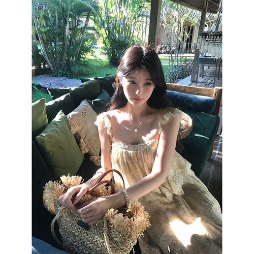 VASSE 莱赛尔复古蕾丝小飞袖印花蛋糕连衣裙女夏轻盈高级吊带裙
