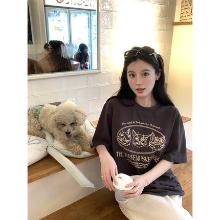 VASSE美蟹经典猫咪原创印花圆领宽松落肩T恤女夏轻盈透气显瘦短袖