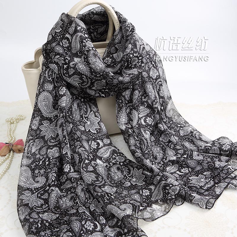 黑色小腰果印花杭州桑蚕丝围巾女百搭长款真丝巾春秋冬季夏季百搭